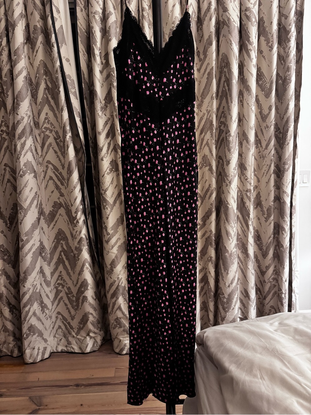 LoveShackFancy Black Dress with Pink Floral Dots